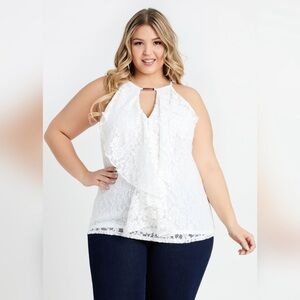 Ashley Stewart White Lace Ruffle Keyhole Halter-Neck Top, Sz 18-20, fits 2X